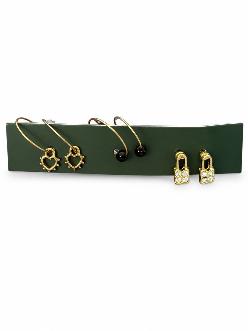 3 Pair Gold Tone Earrings Heart Hoops Black Beads Rhinestone Lock Studs